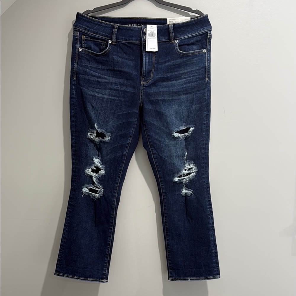 American Eagle Outfitters Dark Blue Distressed Cropped Jeans